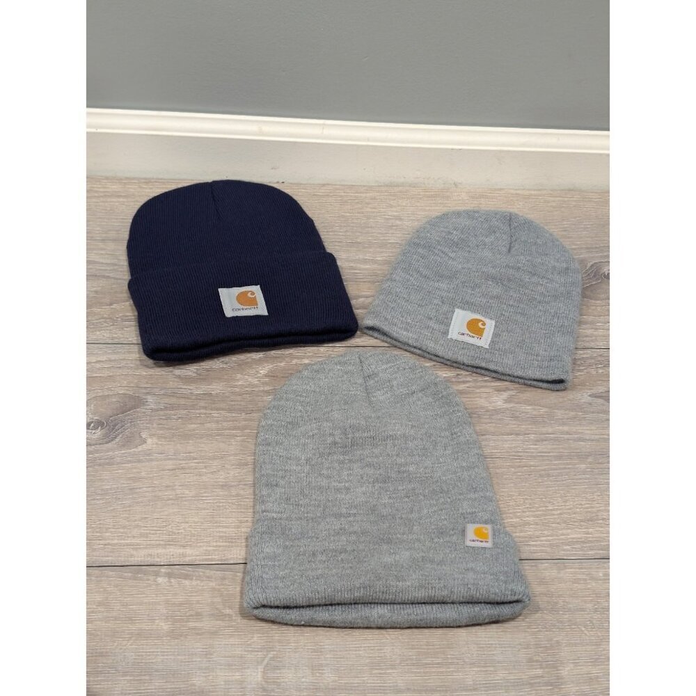 LOT OF 3 Carhartt Grey & Navy Blue Knit Cuffed Beanie Caps One Size Knit